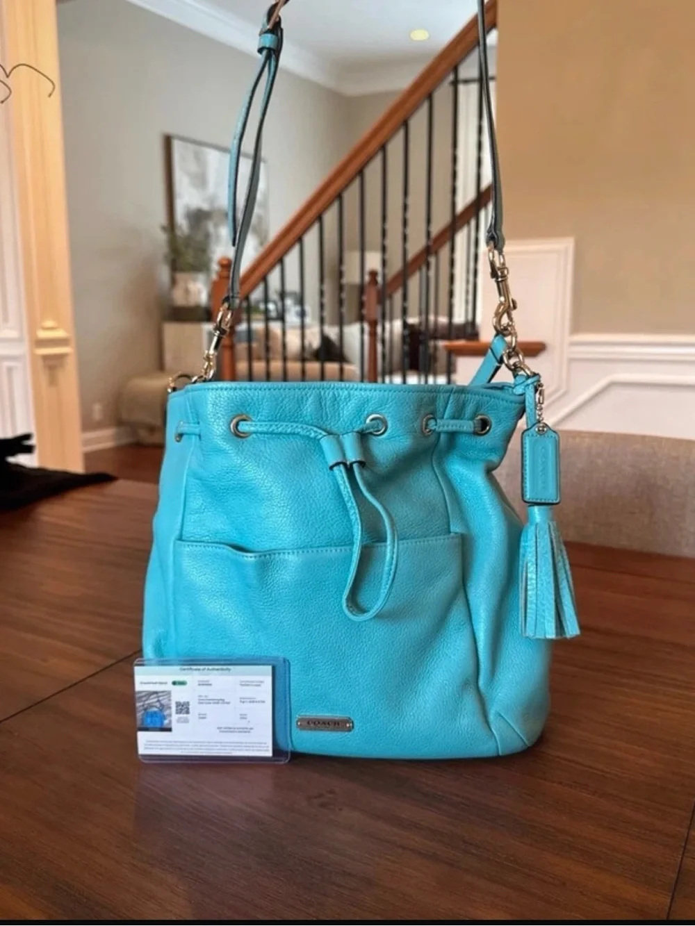 COACH Turquoise Drawstring Leather Bucket Bag